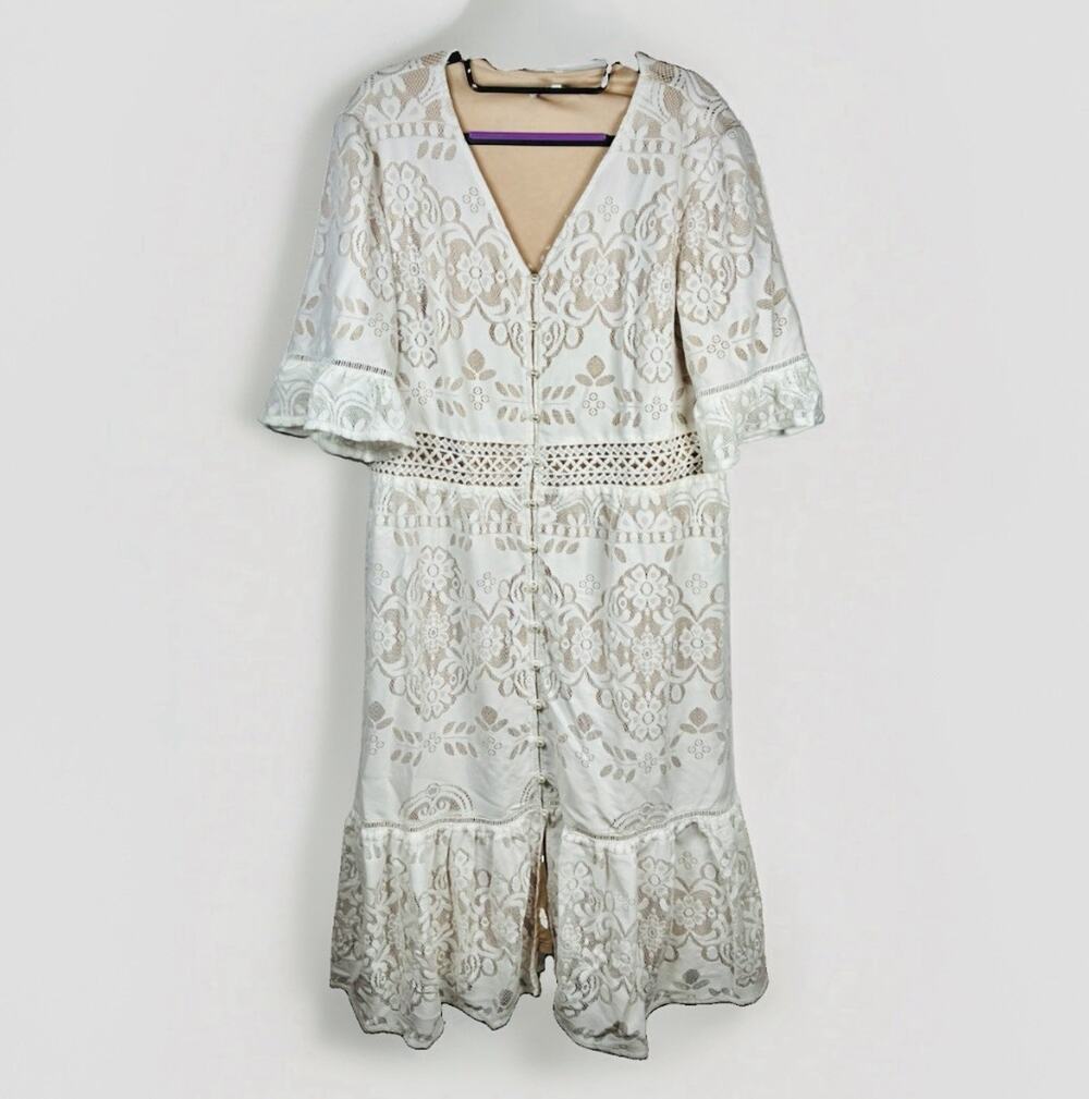 Ivy City Co 1X White Lace Midi Dress Bridal Shower Pearl Button Flutter Sleeve
